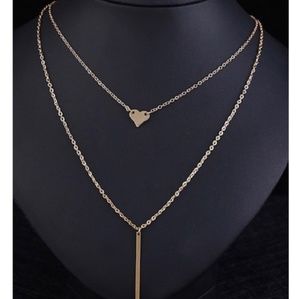 Trendy Layered Gold Heart and Bar Necklace